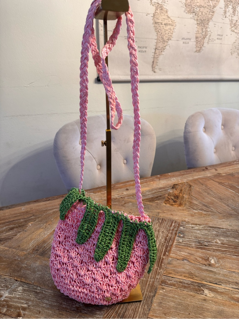 Crochet Crossbody Bag with Green Leaf Trim